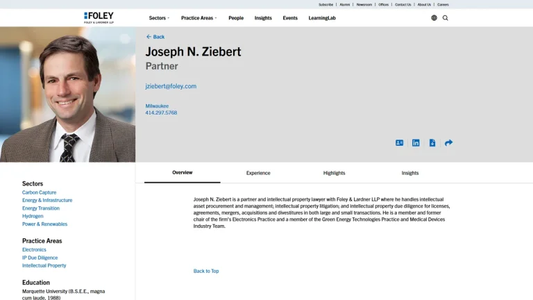 Foley & Lardner LLP: Joseph N. Ziebert - Milwaukee, WI - Attorney in Milwaukee