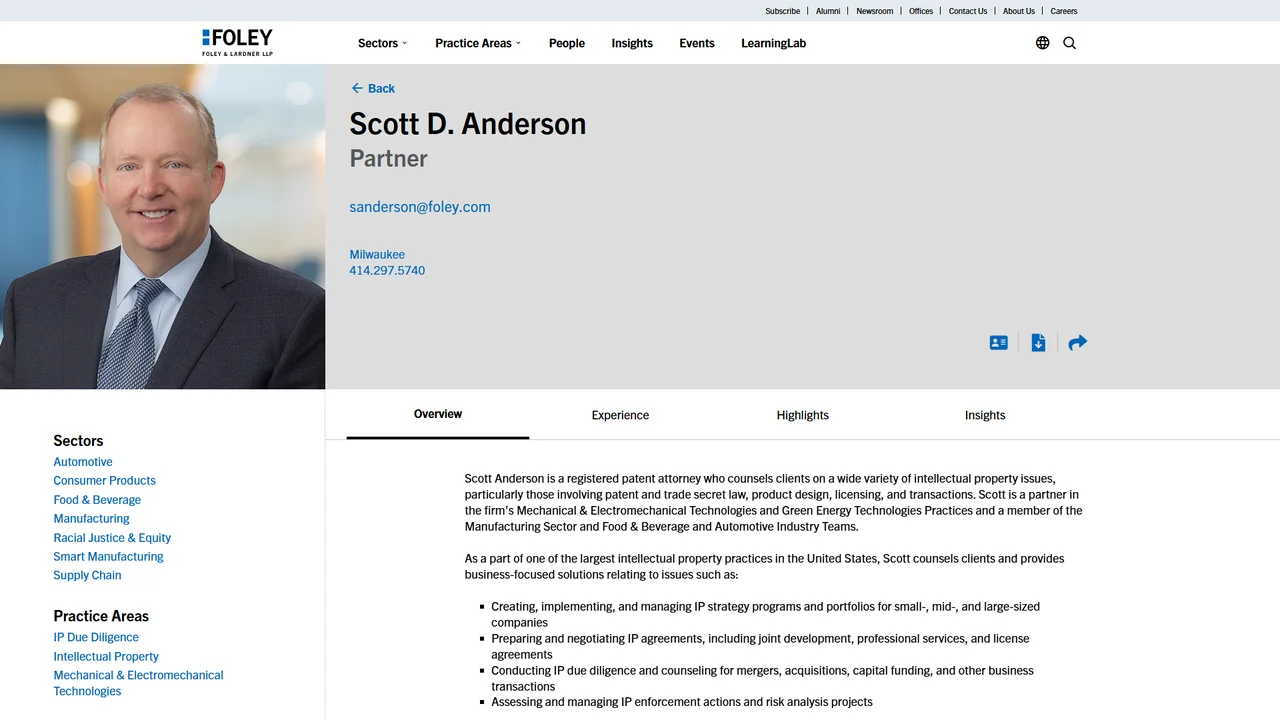 Foley & Lardner LLP: Scott D. Anderson - Milwaukee, WI office in Milwaukee, Wisconsin