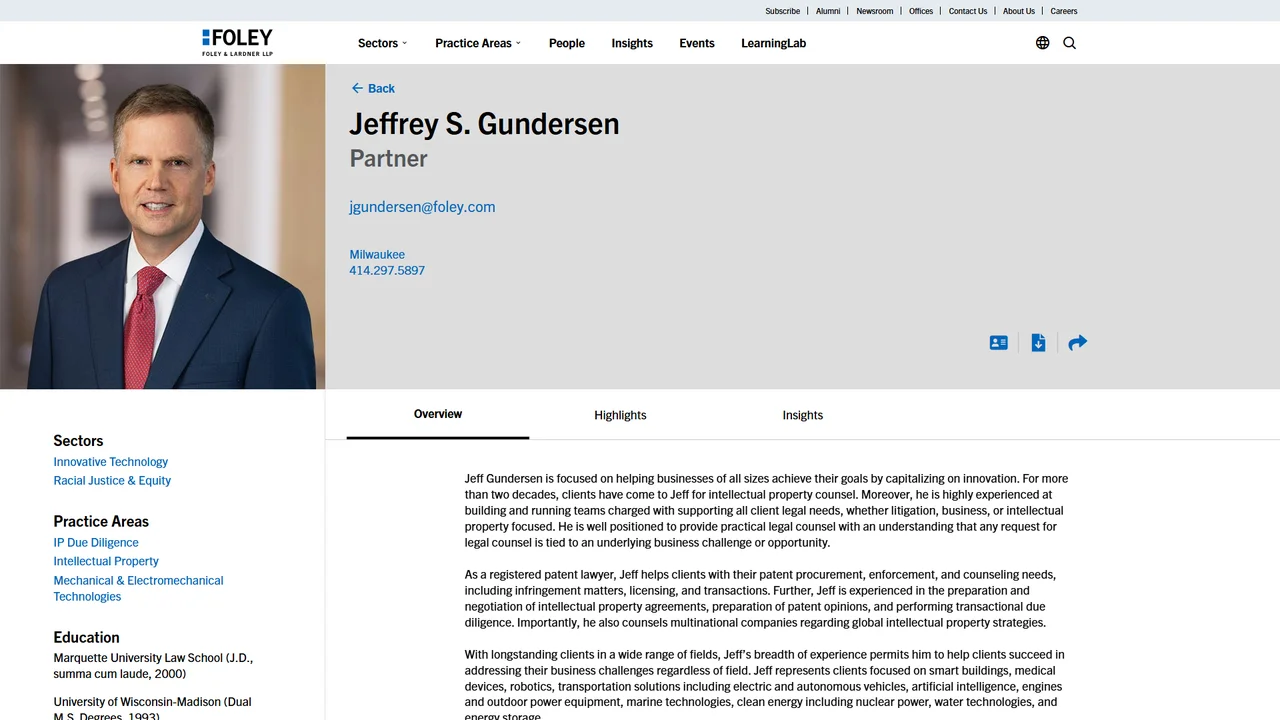 Foley & Lardner LLP: Jeffrey S. Gundersen - Milwaukee, WI office in Milwaukee, Wisconsin