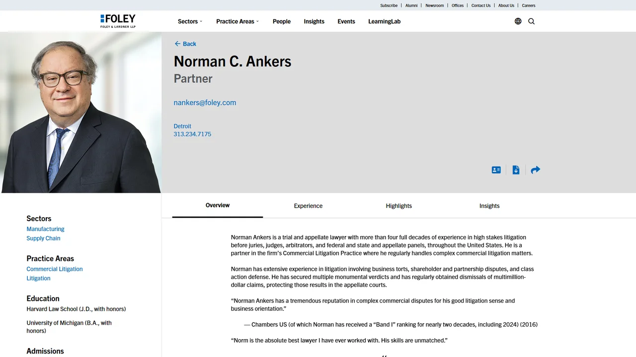 Foley & Lardner LLP: Norman C. Ankers - Detroit, MI office in Detroit, Michigan