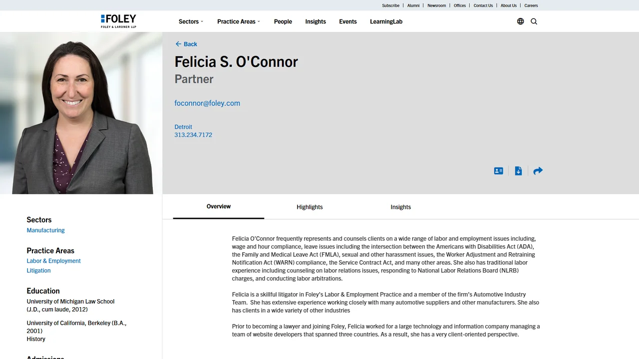 Felicia O'Connor - Foley and Lardner LLP - Detroit, MI office in Detroit, Michigan