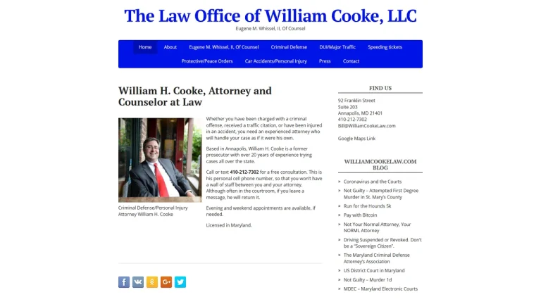 Law Office of William Cooke, LLC; Eugene M. Whissel, II, Of Counsel - Annapolis, MD - Attorney in Annapolis