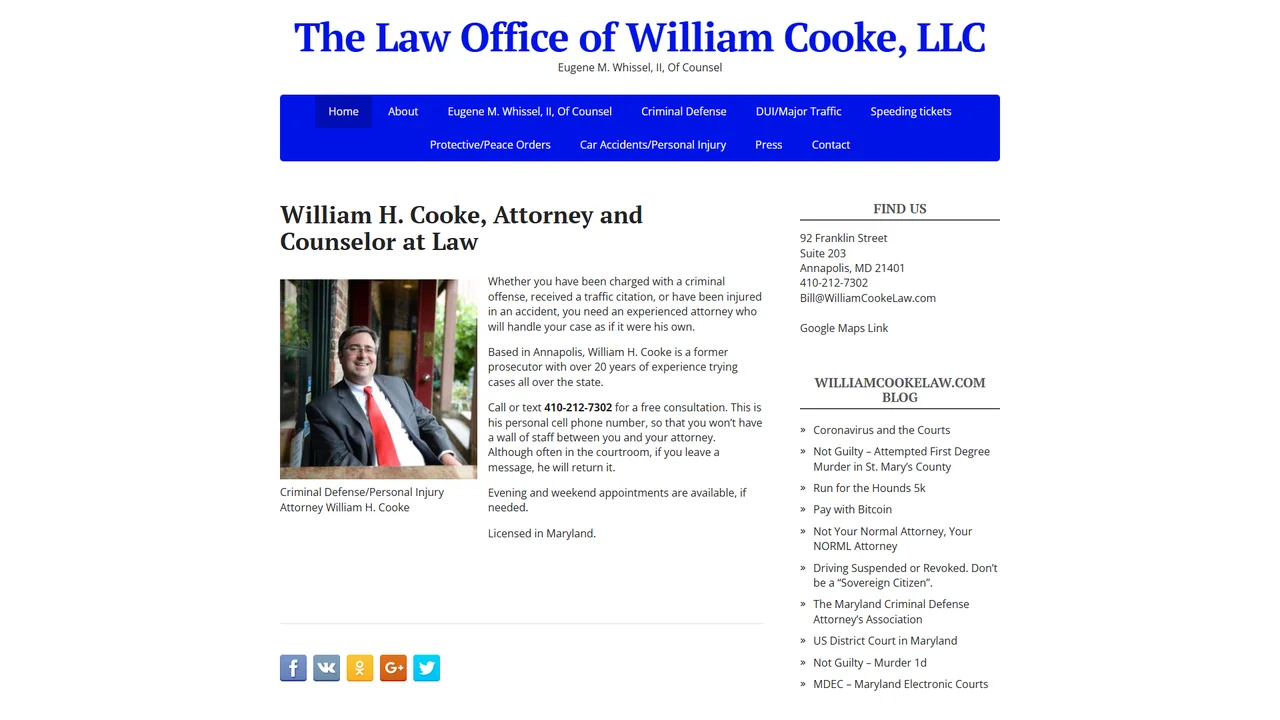 Law Office of William Cooke, LLC; Eugene M. Whissel, II, Of Counsel - Annapolis, MD office in Annapolis, Maryland