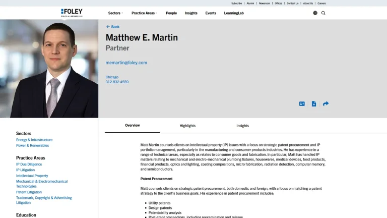 Foley & Lardner LLP: Matthew E. Martin - Chicago, IL - Attorney in Chicago
