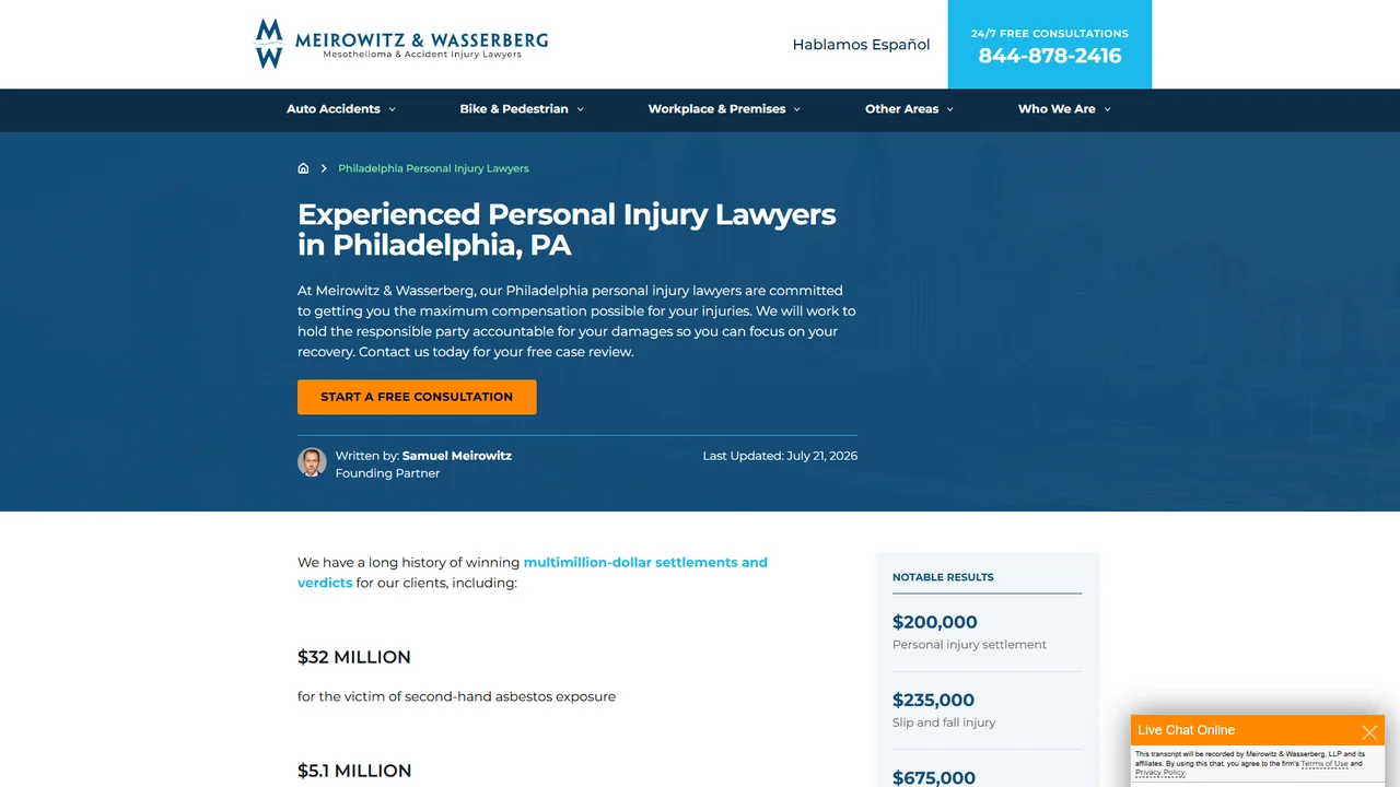 Meirowitz & Wasserberg Mesothelioma & Accident Injury Lawyers - Philadelphia, PA office in Philadelphia, Pennsylvania