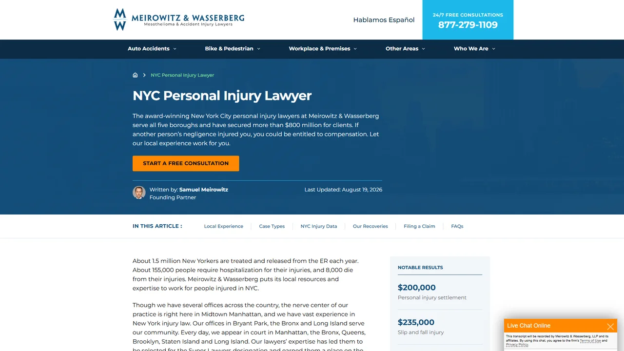 Meirowitz & Wasserberg Mesothelioma & Accident Injury Lawyers - NYC, New York office in New York City, New York