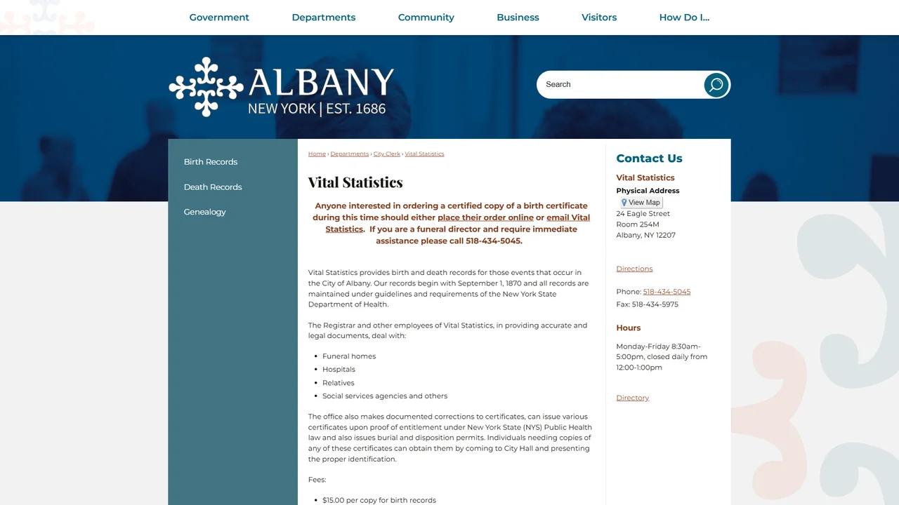 Albany Vital Statistics - Albany, NY