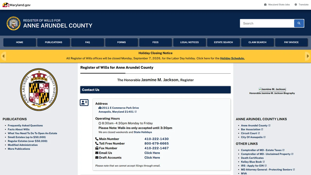 Anne Arundel County Register of Wills - Annapolis, MD