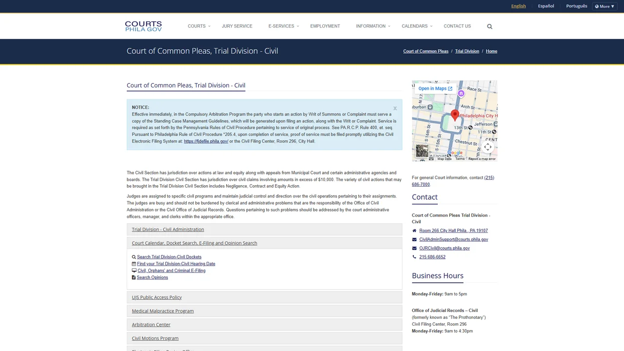 Court-Common Pleas Arbitration - Philadelphia, PA