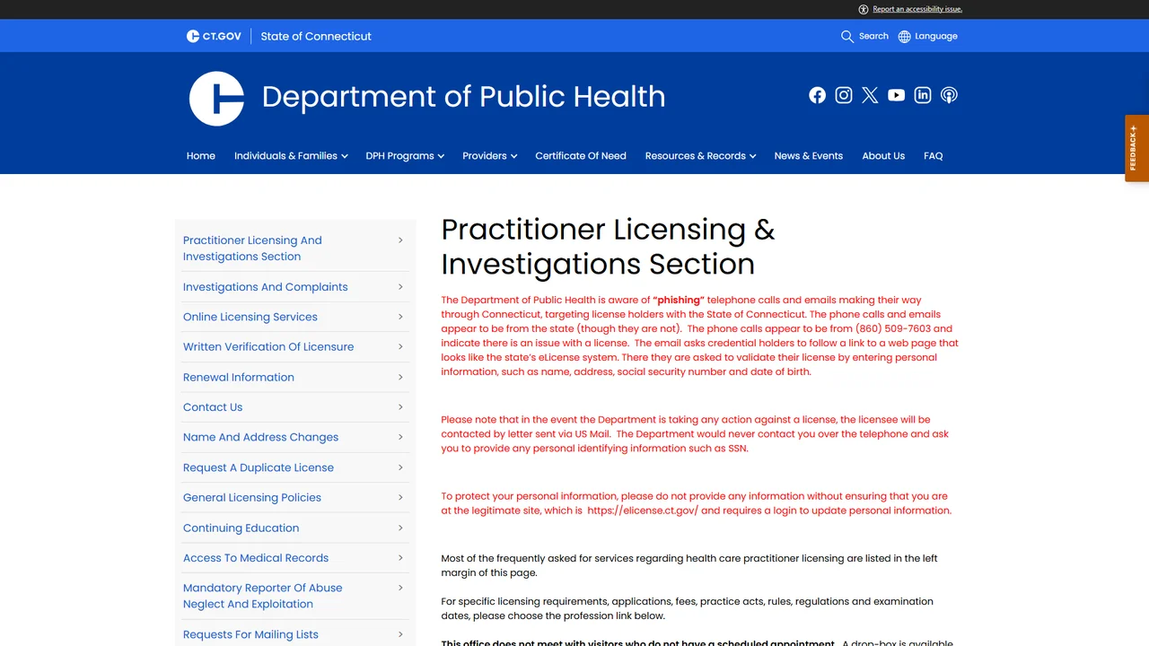 Department of Public Health Practitioner Licensing and Investigations - Hartford, CT