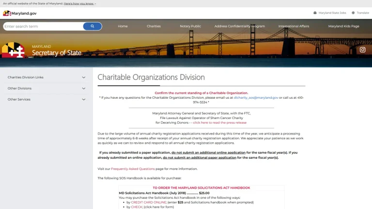 Maryland Secretary of State Charities and Legal Services - Annapolis, MD