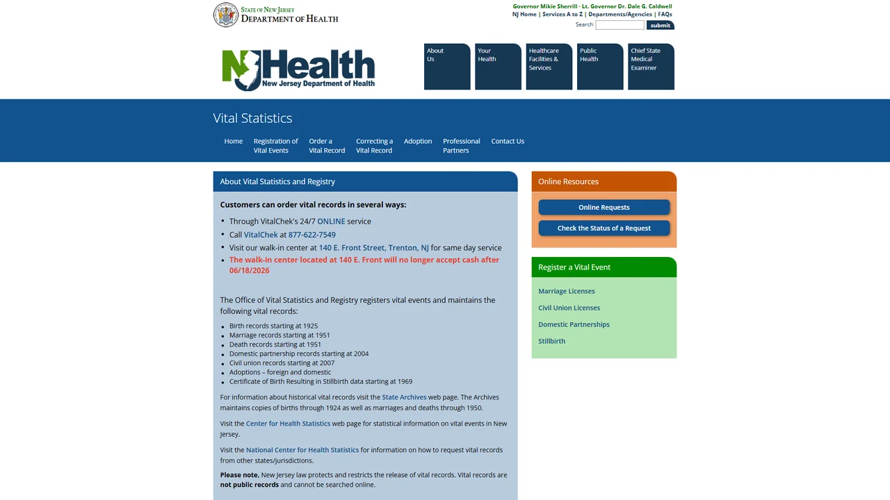 New Jersey Office of Vital Statistics and Registry