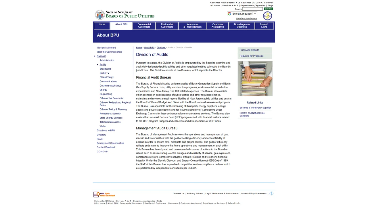 NJ Board of Public Utilities: Division of Audits - Newark, NJ