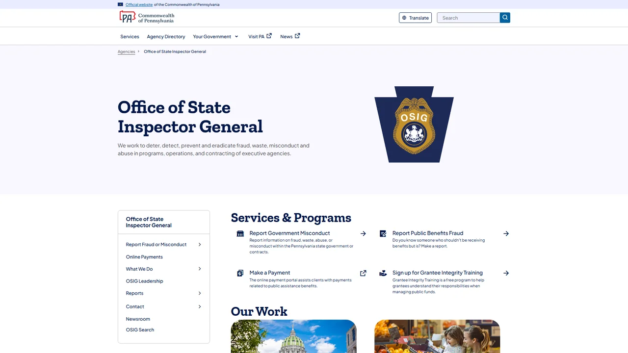 PA Office of State Inspector General - Welfare Fraud Investigations - Harrisburg, PA