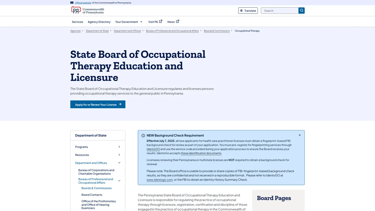 PA State Board of Occupational Therapy Education and Licensure - Harrisburg, PA