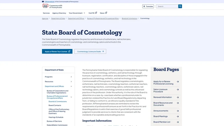 Pennsylvania State Board of Cosmetology - Harrisburg, PA