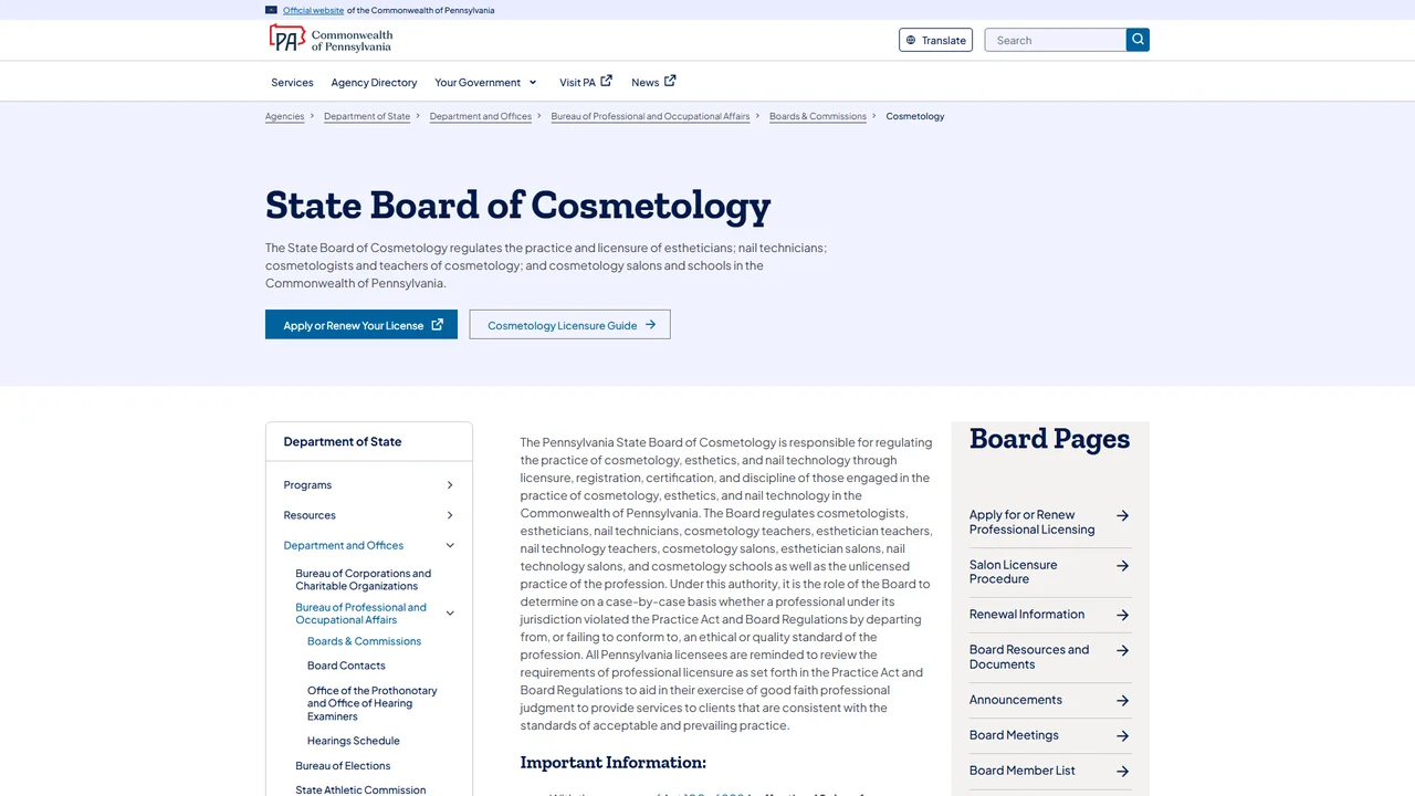 Pennsylvania State Board of Cosmetology - Harrisburg, PA