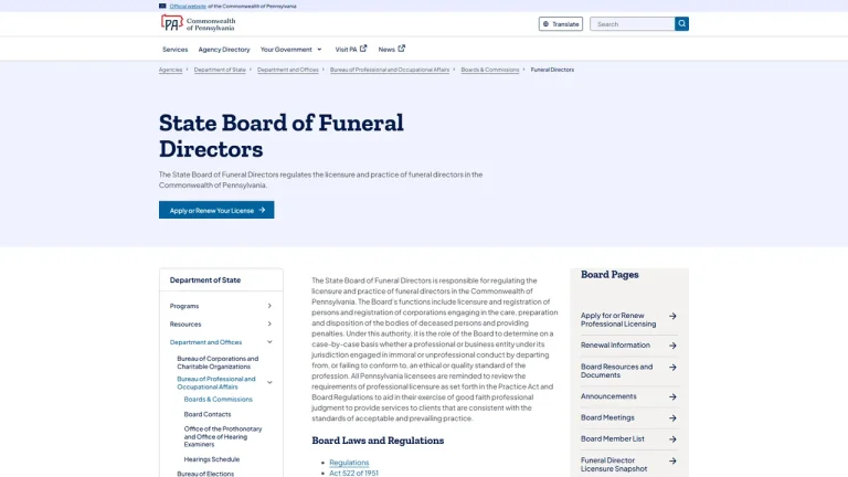 Pennsylvania State Board of Funeral Directors - Harrisburg, PA