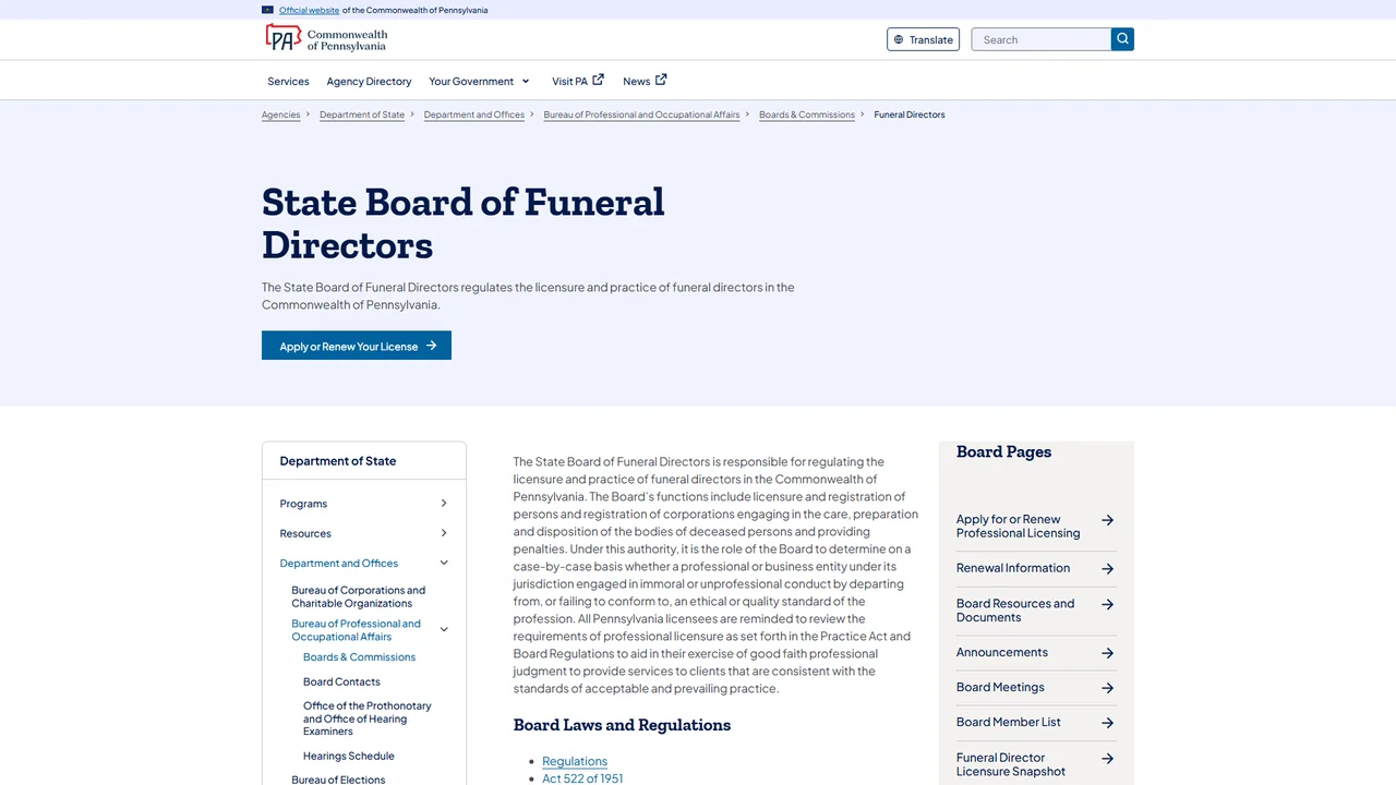 Pennsylvania State Board of Funeral Directors - Harrisburg, PA
