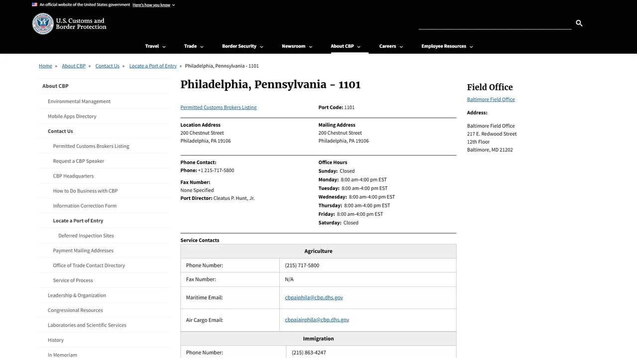 U.S. Customs and Border Protection - Philadelphia Service Port - Philadelphia, PA