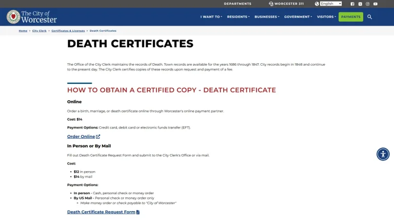 Worcester City Clerk: Death Records - Worcester, MA